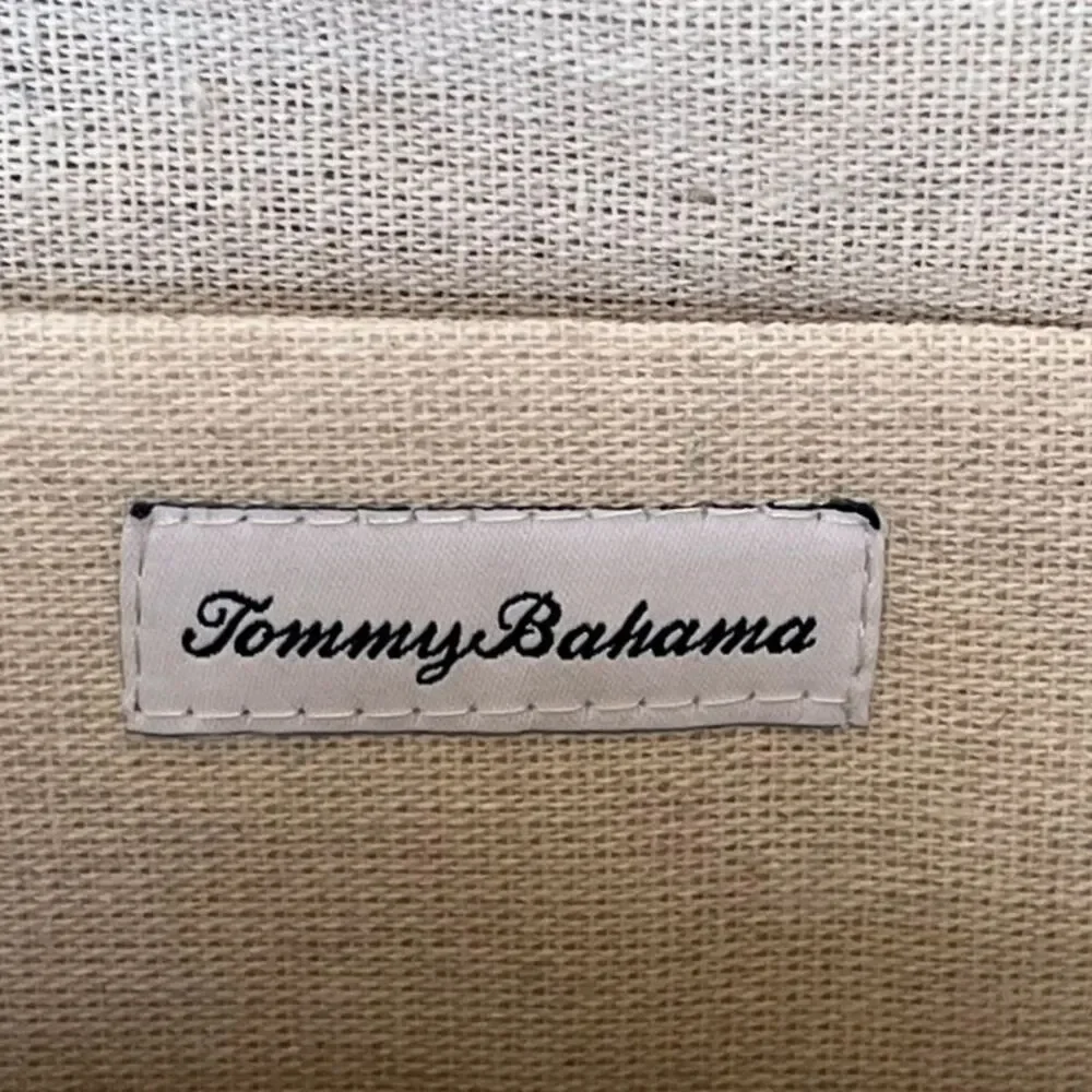 Tommy Bahama woven raffia structured clutch boho crossbody chain strap wood fram